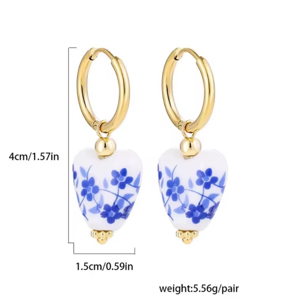 !!! Chaines style Gold and Blue Floral Heart Earrings - Picture 4 of 7